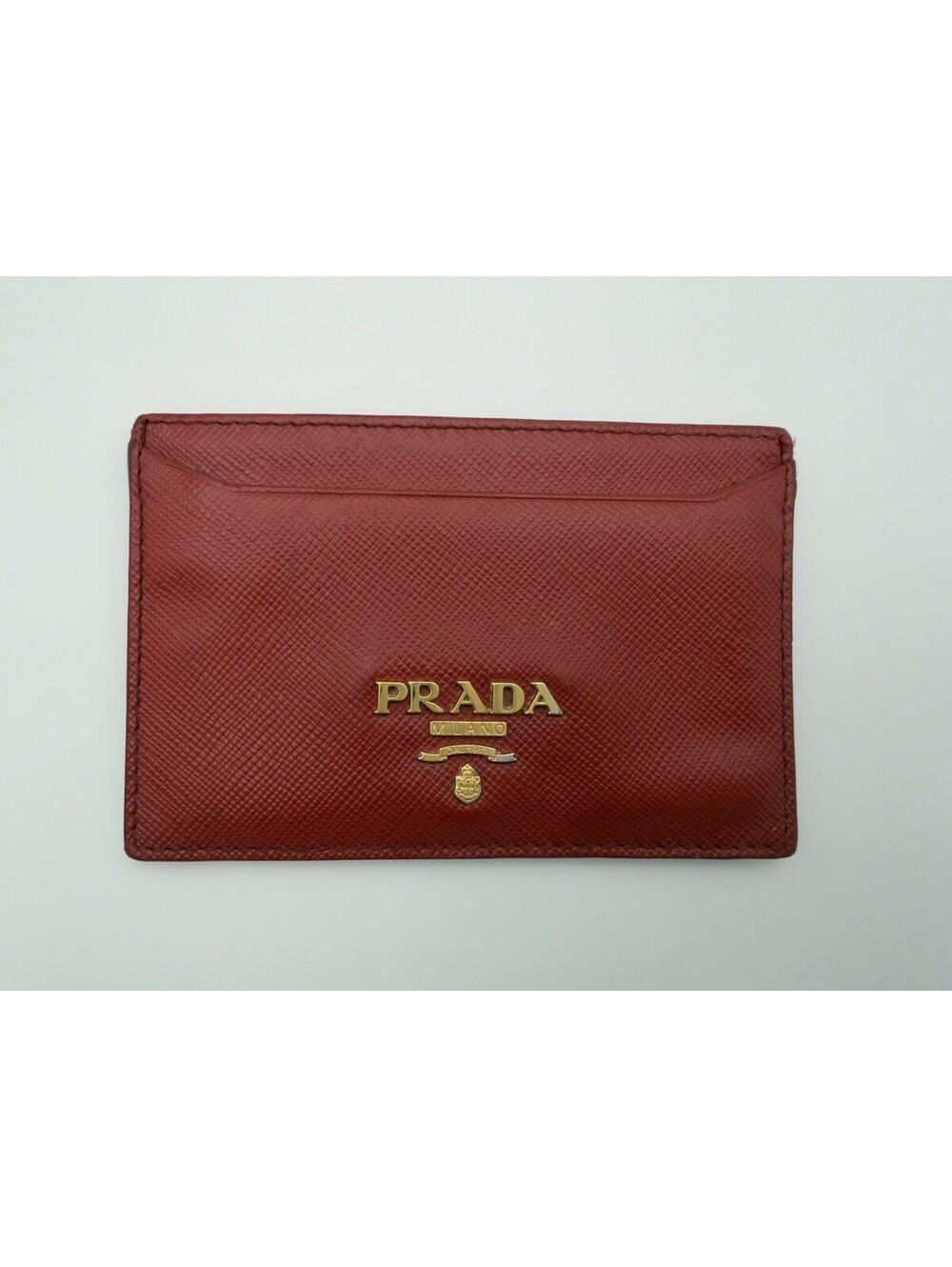 Authentic Prada Logo Metal Card Case Holder Red Saffiano Leather